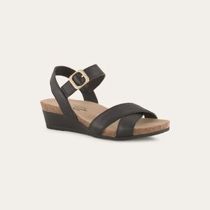 Naot Throne Black Wedge Sandals with Gold Buckle